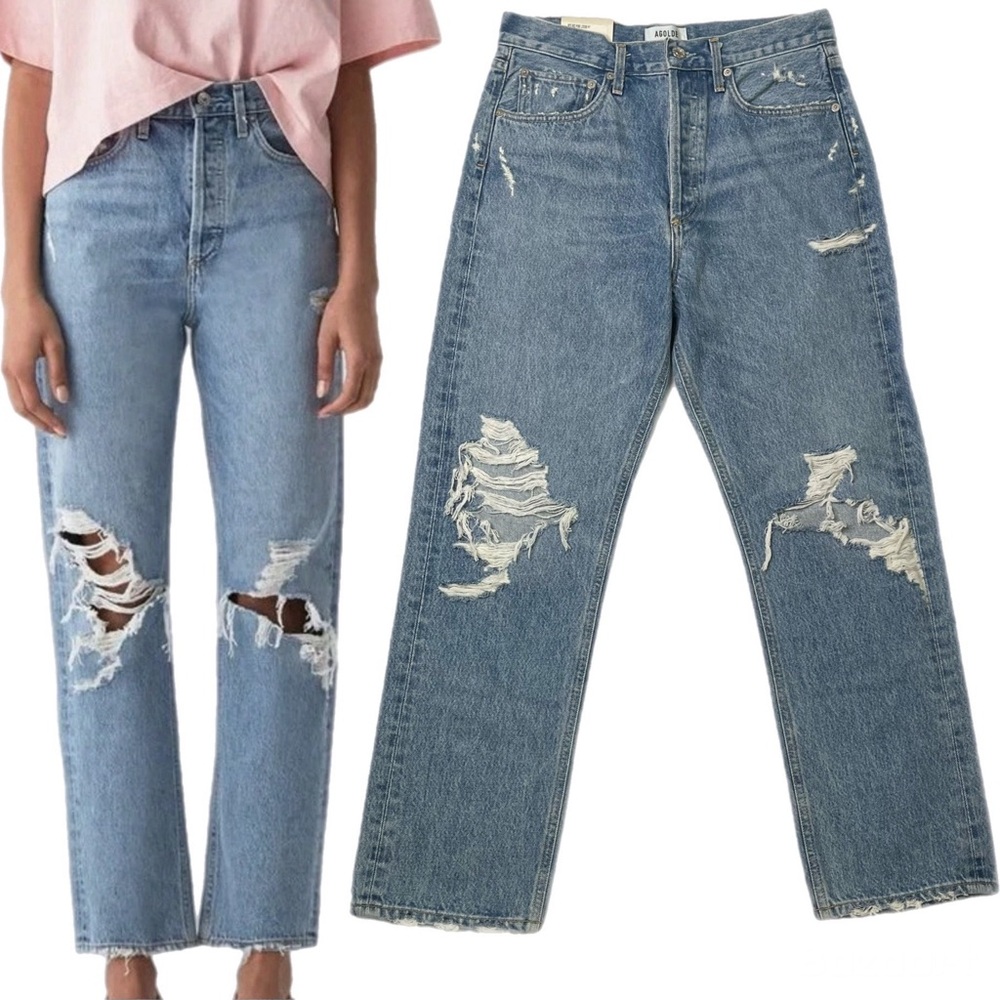 NWT AGOLDE 90s Mid Rise Loose Fit Straight Leg Distressed Denim Jeans